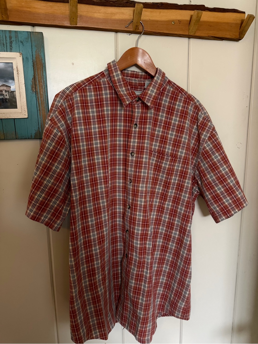 LL Bean Mens XL Regular Plaid Shirt Red Cotton Short Sleeve Button Up 27x34